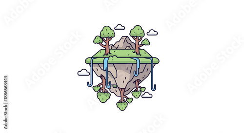 Cartoon illustration of a symmetrical floating fantasy island with waterfalls.