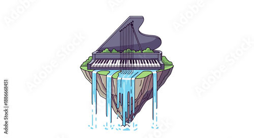 Surreal Grand Piano on a Floating Island with Waterfalls.