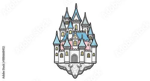 Hand drawn whimsical fairytale castle floating on a rock island.