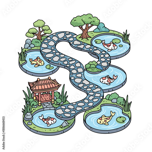 Stylized Isometric Japanese Garden with Winding Stone Path and Koi Ponds.