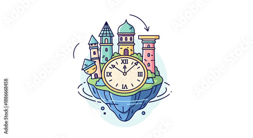 A whimsical floating island with a large clock and various historical towers representing different eras of architecture.