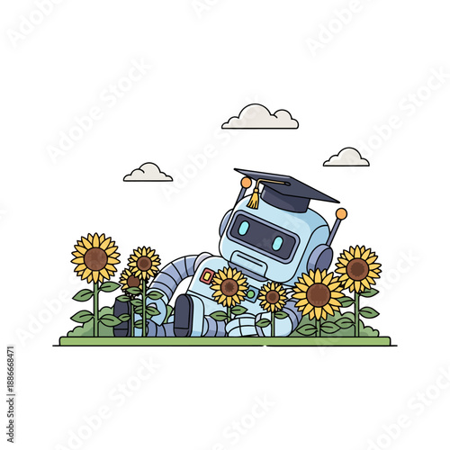 A thoughtful robot with a graduation cap relaxing among sunflowers.