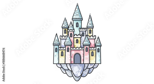 Whimsical fairytale castle with colorful pastel towers floating on a cloud.
