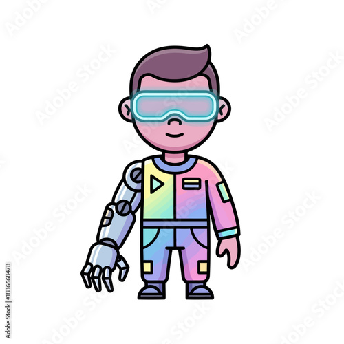 Cartoon boy character with a robotic arm and virtual reality glasses.