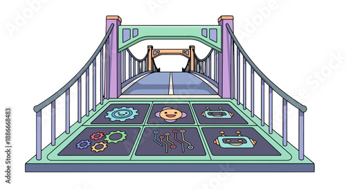 Futuristic illustrated bridge with interactive game-like panels on the road.