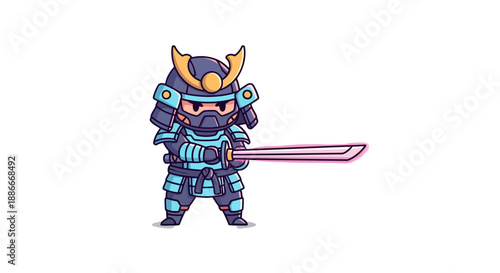 Cute chibi samurai warrior in blue armor holding a katana sword.
