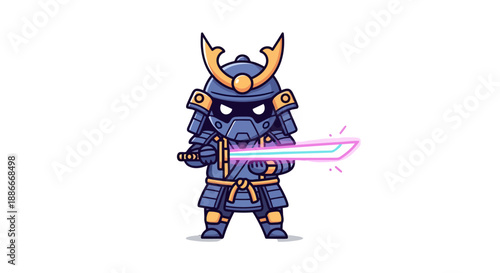 Cute chibi samurai warrior holding a futuristic glowing neon katana sword.