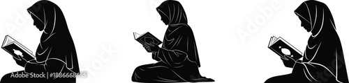 woman reading quran silhouette on white background