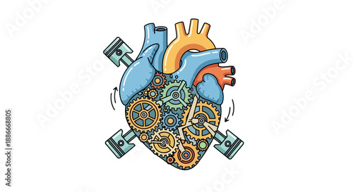 Anatomical human heart depicted as a complex mechanical engine with gears.