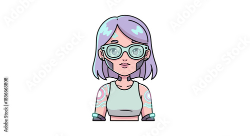 Cyberpunk girl with purple hair and cybernetic enhancements.