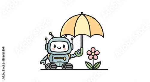 Adorable cartoon robot holding a yellow umbrella over a flower.