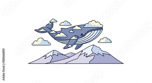 Surreal illustration of a giant blue whale flying through the sky with clouds.