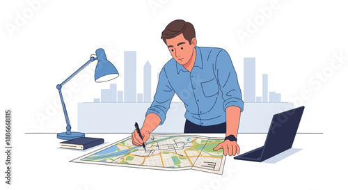 Man analyzing map with pen and laptop.