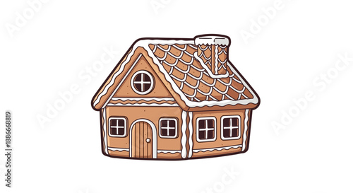 Festive Christmas gingerbread house with snowy icing details.