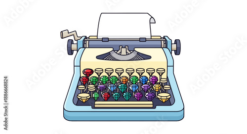 Colorful vintage manual typewriter with paper isolated on a white background.