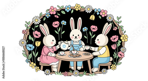 Three adorable cartoon rabbits enjoying a whimsical tea party together.
