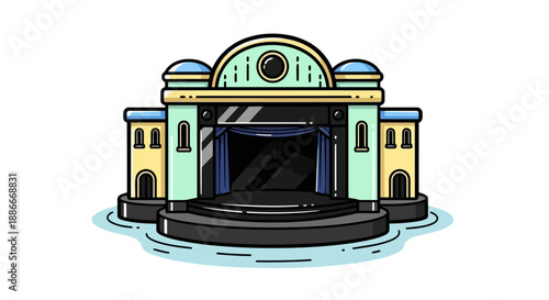 Colorful cartoon illustration of a classic theater building with an open stage.