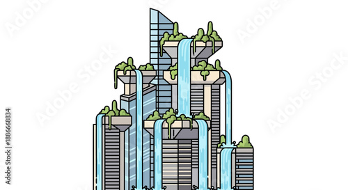 Futuristic eco-skyscraper with cascading waterfalls and green terraces.