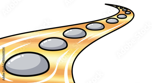 Illustrated golden pathway with stone steps leading forward.