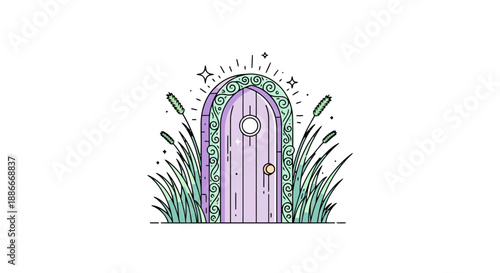 Enchanting purple fairy door with a round window and key.