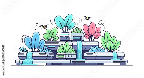 Stylized vector illustration of a futuristic vertical garden with waterfalls.