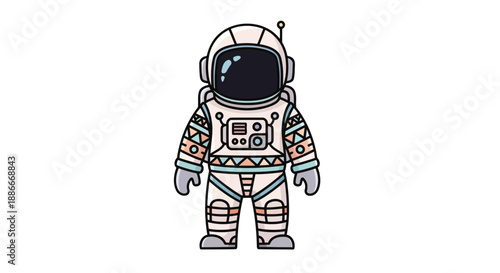 Cute cartoon astronaut character in a detailed spacesuit isolated on white.