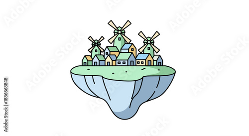 Cartoon village with windmills on a floating fantasy island illustration.
