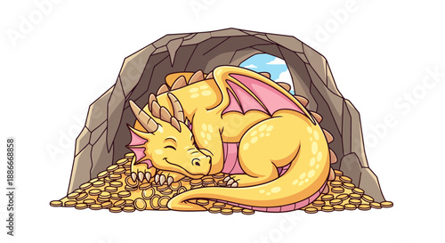 Cute yellow cartoon dragon sleeping peacefully on a pile of gold coins.