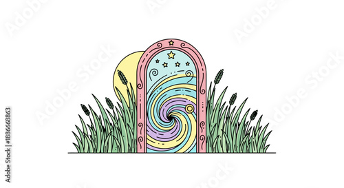 Colorful hand-drawn illustration of a magical portal with a swirling vortex.