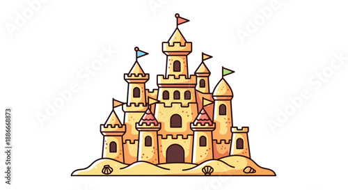 Hand-drawn whimsical sandcastle with towers and flags isolated on white.