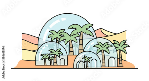 Stylized illustration of a desert oasis with biodome structures and palm trees.