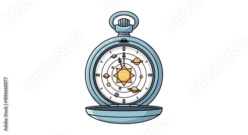 Celestial pocket watch with an illustrated solar system face.