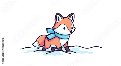 Cute cartoon fox wearing a blue scarf in winter snow.