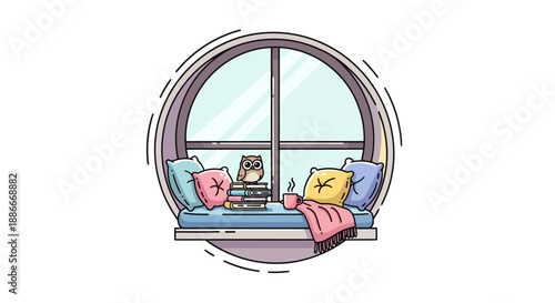 Cozy arched window seat with a cat, books, and pillows illustration.