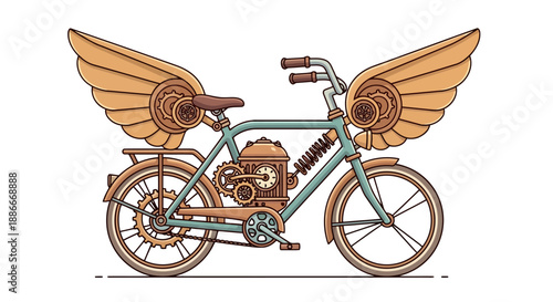 Fantastical steampunk bicycle with mechanical wings and engine.