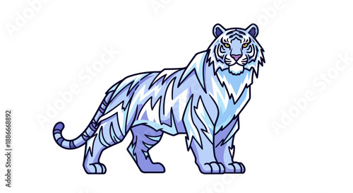 Stylized white tiger illustration with blue and purple hues.