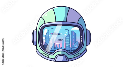 Futuristic astronaut helmet with a city skyline reflection in the visor.
