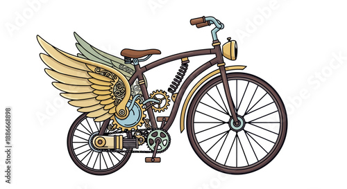 Vintage steampunk bicycle with mechanical golden wings for flight.