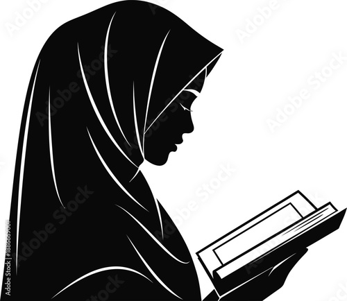 woman reading quran silhouette on white background