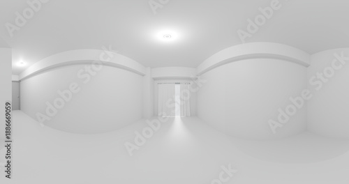 360 Degree Panorama of Empty White Modern Room with Curtains and Soft Lighting