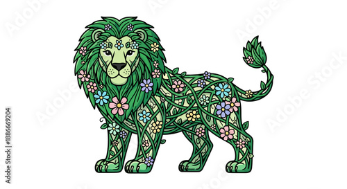 Artistic floral lion with a lush green mane and body.