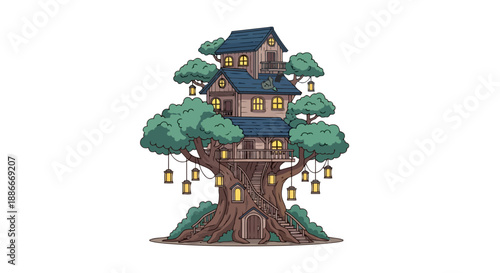 Enchanting cartoon treehouse illustration with hanging lanterns and glowing windows.
