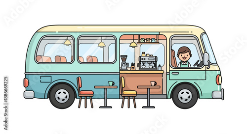Charming illustrated coffee truck with a mobile cafe setup.