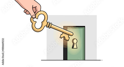 Hand holding a large vintage golden key to unlock a door.