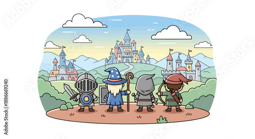 A brave party of four fantasy adventurers on a quest.