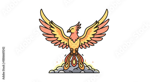 Majestic phoenix bird with vibrant fiery feathers spreading its wings.