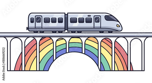 Modern passenger train traveling over a colorful rainbow arch bridge.