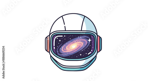 Astronaut helmet with a vibrant galaxy reflection in the visor.