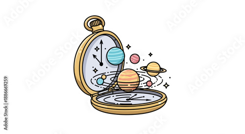 Cosmic pocket watch with planets and stars inside a celestial timepiece.
