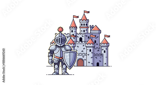 Cartoon knight in full metal armor holding a large shield.